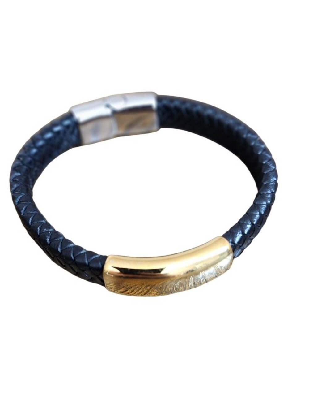 Dolce & Gabbana Black Braided Leather Bracelet Gold-Plated Logo Bar Unisex Small